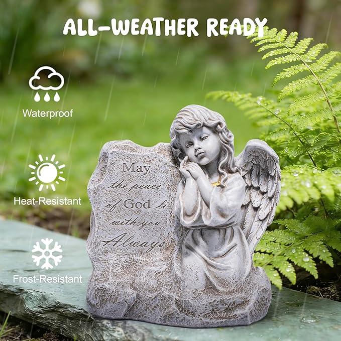 basen Memorial Angel Statue for Grave, Praying Child Angel Figurine with Engraved Message, Resin Cemetery Decoration for Outdoor Lawn Yard, Sympathy Gift, Remembrance Garden Decor