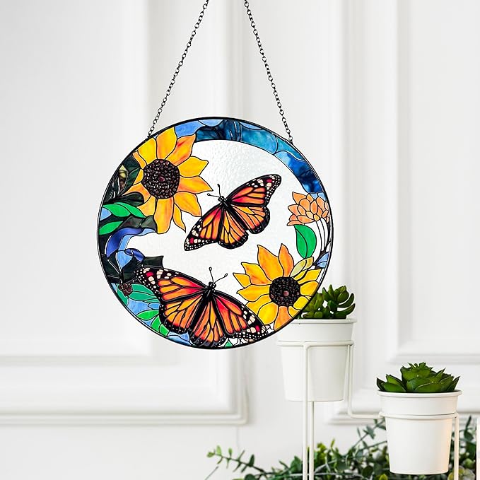 Large Monarch Butterflies and Sunflowers Stained Glass Suncatcher, Handmade Window Hanging Wall Art with Chain, Real Glass Indoor Home Decor, Unique Sun Catcher Gift for Women, Christmas, 9.8”