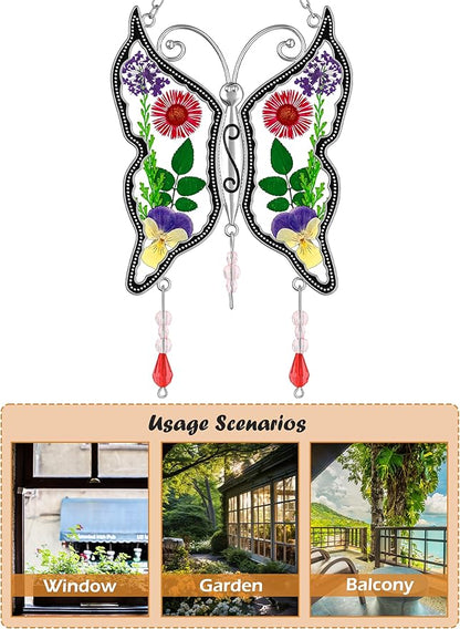 KY&BOSAM Butterfly Suncatchers DIY Stained Glass Suncatcher for Windows Ornament Wind Chime with Pressed Flower Embedded in Glass Birthday Gifts for Mom Mother`s Valentine's Day