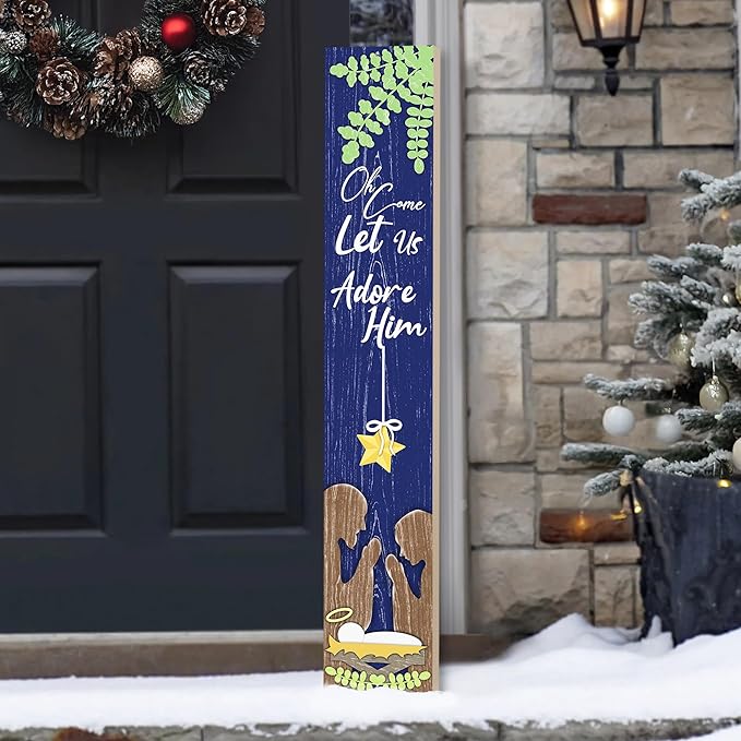 Merry Christmas Porch Sign Let Us Adore Him Wooden Welcome Sign Vertical Xmas Hanging Signs For Standing Front Porch Decor Rustic Wall Decor Home Farmhouse Yard Door Winter Decorations 47.2"H