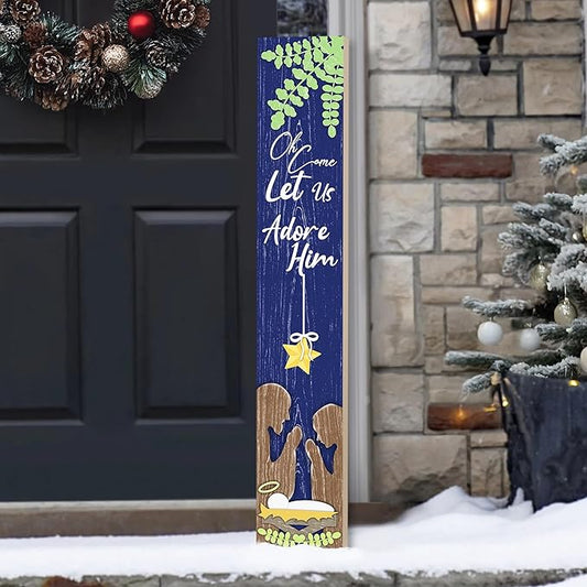 Merry Christmas Porch Sign Let Us Adore Him Wooden Welcome Sign Vertical Xmas Hanging Signs For Standing Front Porch Decor Rustic Wall Decor Home Farmhouse Yard Door Winter Decorations 47.2"H