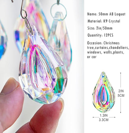 HDCRYSTALGIFTS 12pcs Suncatcher Crystal 50mm AB Loquat Shape Chandelier Parts Drops Prisms Hanging Crystal Sun Catchers,Colorful Glass Ornaments for Christmas Tree
