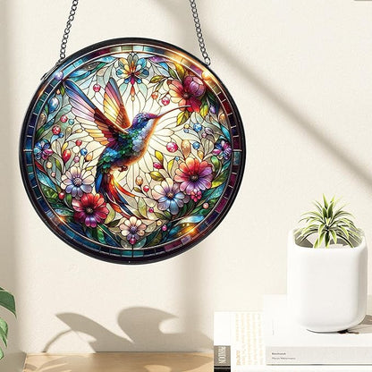 Hummingbird Stained Glass Window Hanging, 8" Round Hummingbird Suncatcher, Floral Decorative Glass Art for Home Garden, Memory Gift for Mom and Grandma