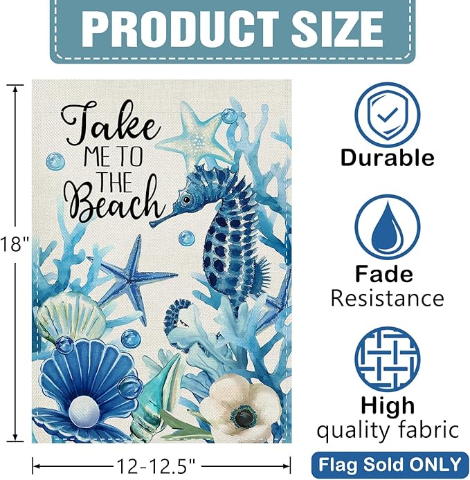 Dyrenson Summer Take Me To The Beach Decorative Garden Flag, Coastal Seahorse Starfish Conch Coral Yard Outside Home Decoration, Spring Anemone Burlap Outdoor Small Decor Double Sided 12 x 18