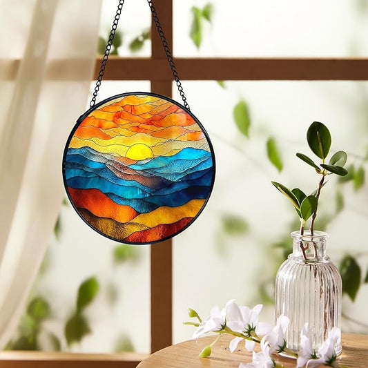 Mountain Sunset Suncatchers Stained Glass Window Hanging, Nature Mountain Landscape Sun Catchers Indoor Window Glass Round Wall Decor, Nature Wall Hanging Decorations, 7.9x7.9in