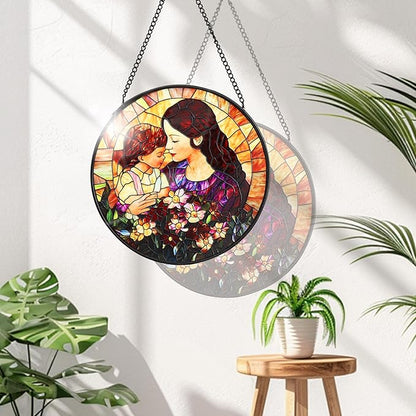 Mom Stained Glass Window Hanging Suncatcher 7.8 Inch Sun Catcher Colorful Glass Panel Gift for Mom Sun Catcher Wall Art Home Decoration for Birthday Garden Window Home