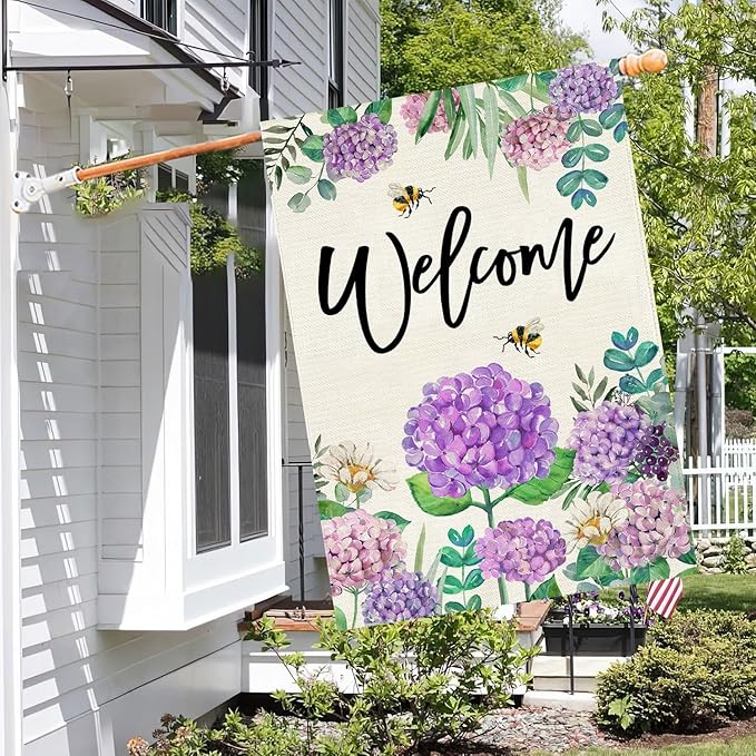 Baccessor Spring Hydrangea House Flag Double Sided 28x40 Inch, Purple Flower Floral Welcome House Flag Burlap Seasonal Farmhouse Yard Outdoor Decoration (Large)