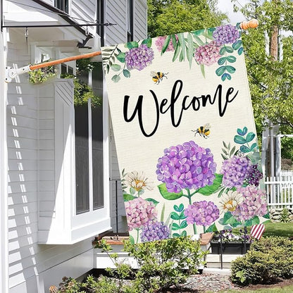 Baccessor Spring Hydrangea House Flag Double Sided 28x40 Inch, Purple Flower Floral Welcome House Flag Burlap Seasonal Farmhouse Yard Outdoor Decoration (Large)