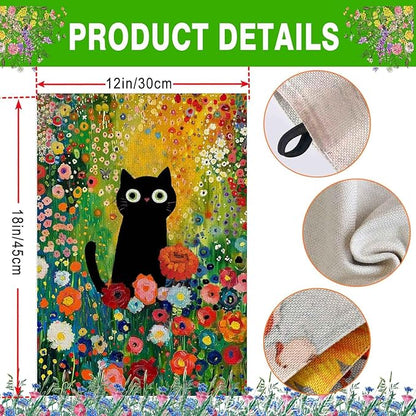 Spring Summer Garden Flag 12x18 Inch Double Sided Outside Black Cat Colorful Floral Flowers Seasonal Holiday Yard Porch Outdoor Decoration
