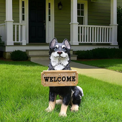 Northern Husky Porch Accent Featuring Solar Lantern & Double-Sided Sign, Sitting Black Husky Garden Statue for Entry Steps & Lawn Edge
