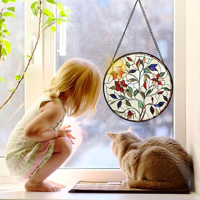 Bimkole Flower Stained Glass Suncatcher Window Hanging - Leaves Design for Indoor Window or Doorway Decoration - 7.87x7.87 inch with Chain and Hook - Unique Home Decor Gift