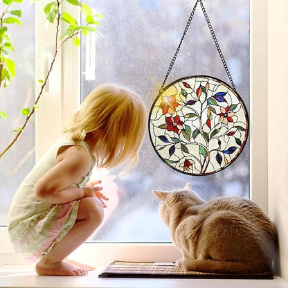 Bimkole Flower Stained Glass Suncatcher Window Hanging - Leaves Design for Indoor Window or Doorway Decoration - 7.87x7.87 inch with Chain and Hook - Unique Home Decor Gift