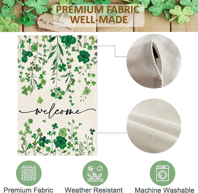 Baccessor St Patrick's Day Welcome House Flag 28 x 40 Inch Vertical Double Sided Green Shamrock Clover Lucky Large Yard Burlap Spring Rustic Happy Saint Patty's Day Irish Outdoor Decoration