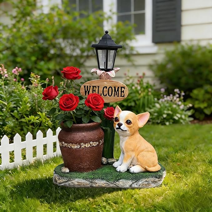 20" Solar Chihuahua Garden Statue with Welcome Sign & Planter - Large Dog Sculpture with LED Street Lantern - Weatherproof Resin Decorative Flower Pot for Porch, Yard & Patio - Pet Lover Gift
