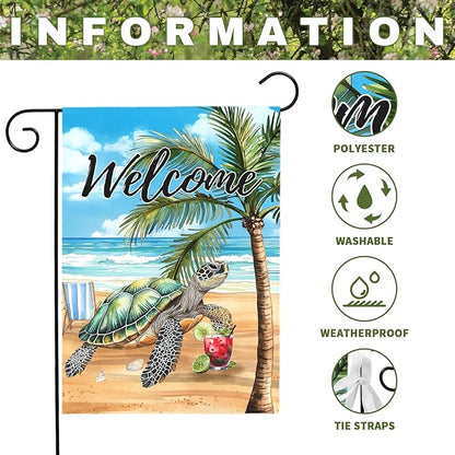 Welcome Garden Flag Sea Turtle Beach Scene Yard Flag Tropical Coastal Summer Double Sided Polyester Ocean Palm Tree Yard Flags for Lawn Porch Patio Nautical Seaside Outdoor Decor 12x18 Inch