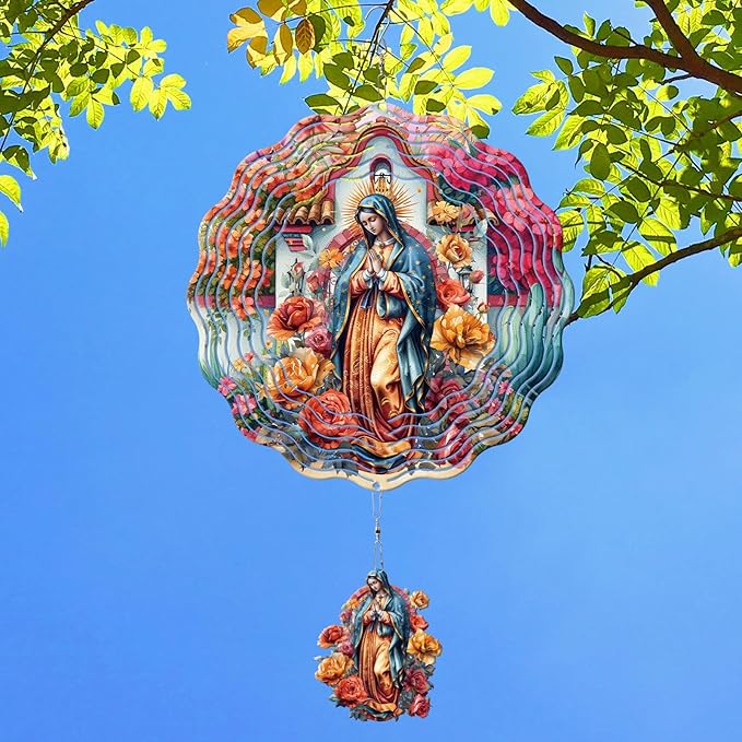 Rngmsi Lady of Guadalupe Wind Spinners Outdoor Garden, 12 X 12 Inches Catholic 3D Metal Wind Spinner Decor Outside, Stainless Steel Guadalupe Ornaments Hanging Gift