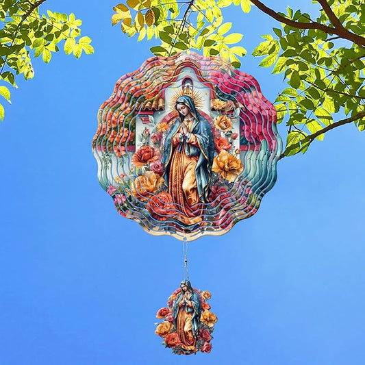 Rngmsi Lady of Guadalupe Wind Spinners Outdoor Garden, 12 X 12 Inches Catholic 3D Metal Wind Spinner Decor Outside, Stainless Steel Guadalupe Ornaments Hanging Gift