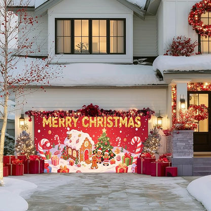 IVN Christmas Garage Door Cover Decoration 13x6ft Gingerbread House Christmas Tree Candy Path Merry Christmas Garage Door Banner Home Door Front Yard Decor for Xmas Eve Holiday Outdoor