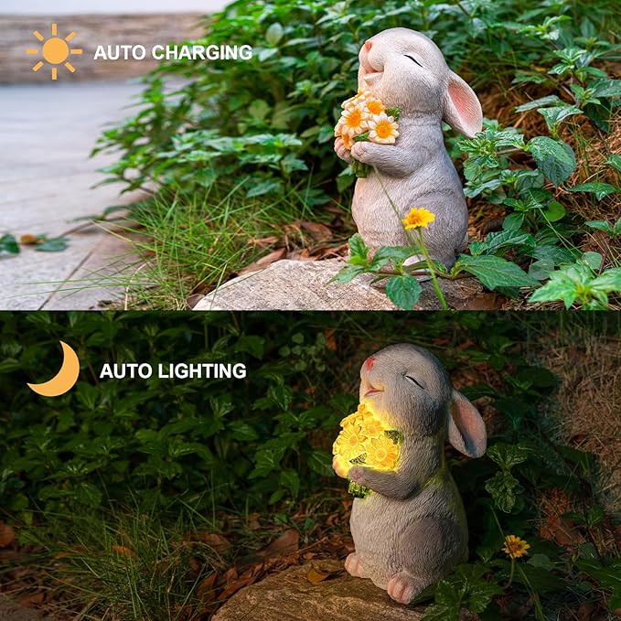 Solar Rabbit Garden Statues Outdoor Easter Bunny Decor Resin Rabbit Figurine Holding Sunflower with LED Lights for Proch Patio Lawn Yard Christmas Birthday Gardening Gifts for Mom Women