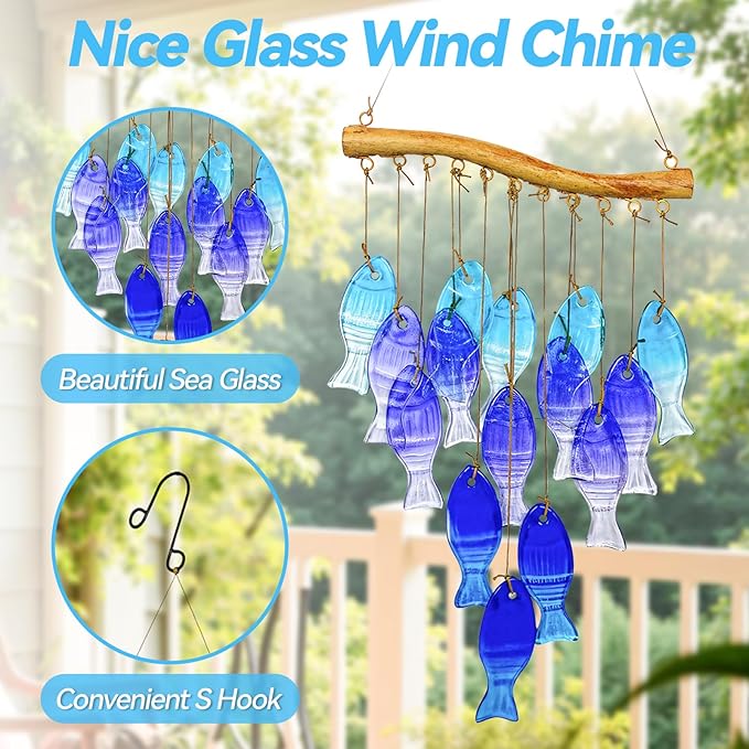 Sea Glass Wind Chime, Fish Shape Glass Windchime for Outside, Indoor Outdoor Decor for Patio Garden Yard, Nice Gifts for Mom & Women, Memorial Sympathy Gift for Home