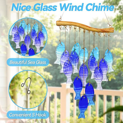 Sea Glass Wind Chime, Fish Shape Glass Windchime for Outside, Indoor Outdoor Decor for Patio Garden Yard, Nice Gifts for Mom & Women, Memorial Sympathy Gift for Home