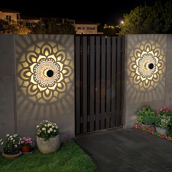 Solar Fence Lights 4 Pack Outdoor Deck Step Wall Lights Metal Waterproof LED Warm Yellow Light for Garden Post Patio Backyard Yard Decor (Mandala-1, 4)
