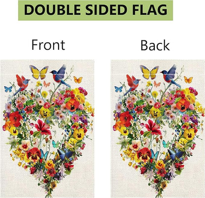 Spring Summer Birds Flowers Butterflies Garden Flag for Outside, Colorful Floral Love Hearts Outdoor Yard Flag 12x18 Inch Double Sided Burlap