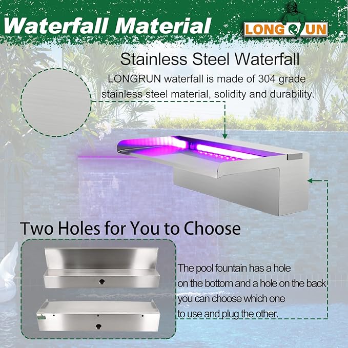 LONGRUN 30cm Pond Waterfall Blade,Stainless Steel Pool Fountain with RGB Bluetooth LED Light, Complete Waterfall & Stream Kits for Outdoor Water Features