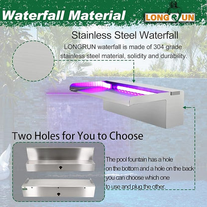 LONGRUN 30cm Pond Waterfall Blade,Stainless Steel Pool Fountain with RGB Bluetooth LED Light, Complete Waterfall & Stream Kits for Outdoor Water Features
