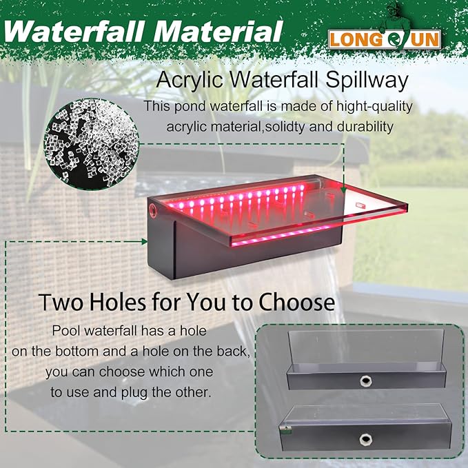 LONGRUN 30cm Pond Waterfall Blade,Acrylic Pool Fountain with RGB Bluetooth LED Light, Complete Waterfall & Stream Kits for Outdoor Water Features