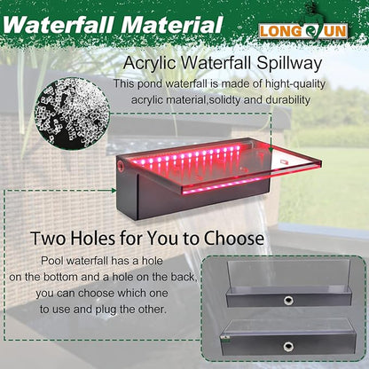 LONGRUN 30cm Pond Waterfall Blade,Acrylic Pool Fountain with RGB Bluetooth LED Light, Complete Waterfall & Stream Kits for Outdoor Water Features