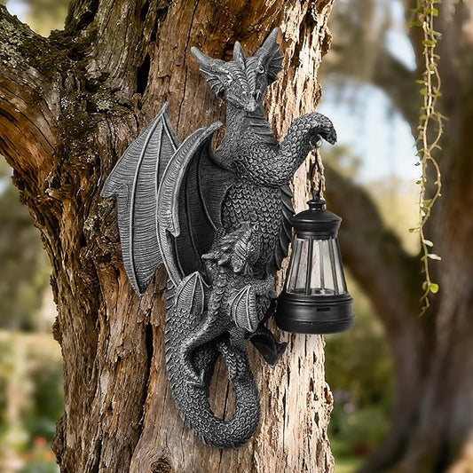 Solar Dragon Decor Tree Hugger Statue | Outdoor Garden Statue with LED Light for Yard, Patio, Balcony | Fantasy Dragon Figurine for Trees, Walls, Fences | Unique Gift for Women, Men & Mom