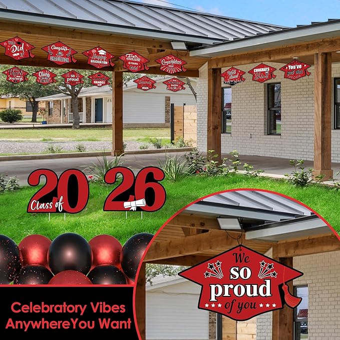 16 Pieces 2026 Graduation Yard Signs Plastic Congrats Grad Decor with 32 Stake and Ribbon Graduate Cap Hanging Yard Sign for Party Outdoor Lawn Pathway Walkway Decorations(Red)