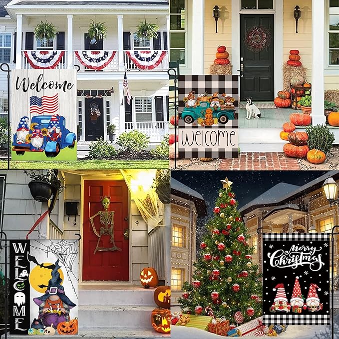 Set of 10 Gnome Seasonal Garden Flags,Double Sided 12 x 18 Inch Yard Flags, Small Garden Flags for Outside, Spring 4th of July Easter Seasonal Flags for Outdoor, Holiday Garden Flags for All Seasons