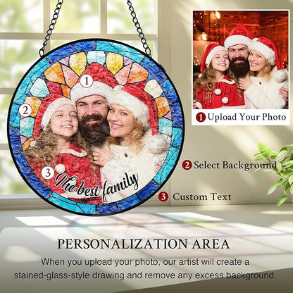 Personalized Mom Stained Glass Windows Hanging, Family Picture Suncatcher Ornament, Custom Photo Gift, Christmas Birthday Grandparents Mom Gifts