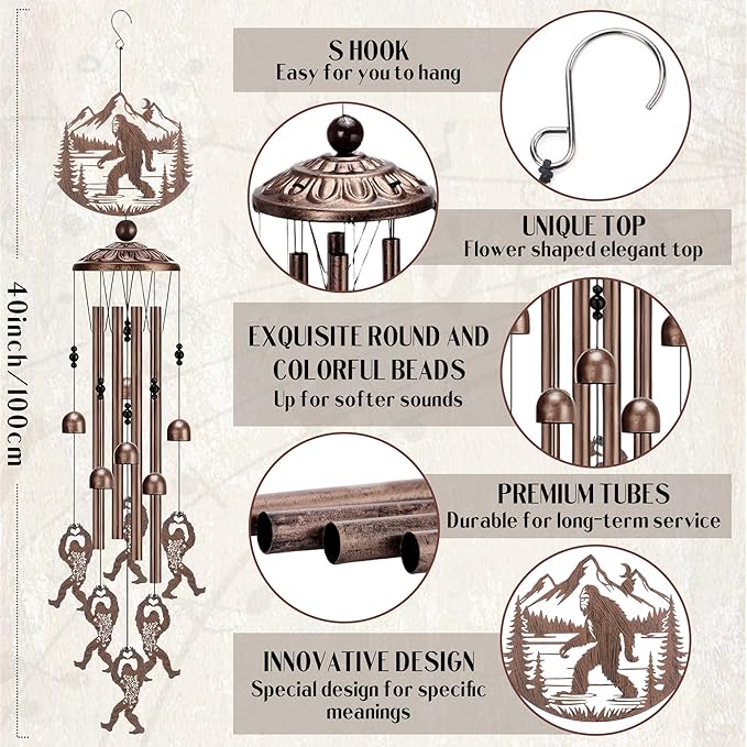Bigfoot Gifts Wind Chimes - Metal Windchime Sasquatch Yard Decor for Garden Backyard Patio Balcony Indoor Outdoor Art Hanging Decoration Christmas Birthday Gift for Women Mom Grandma Friend