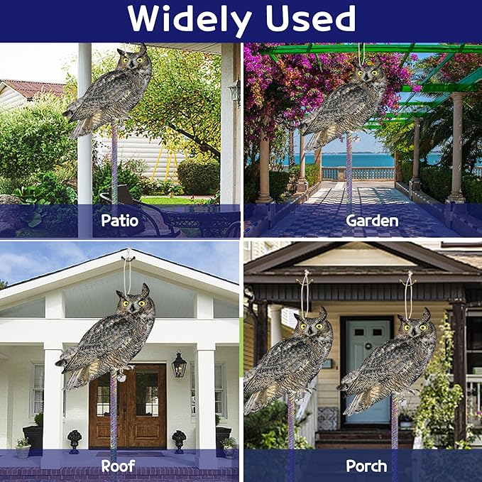 2PCS Hanging Flat Garden Owls with Reflective Tape Plastic Owl to Scare Pigeon for Outdoor Fake Owl to Keep Pigeon Away from Balcony House Window Patio Yard Front Porch Backyard