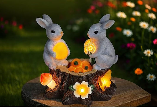 Garden Statues Rabbit with Solar Lights Bunny Figurines Outdoor Decorations for Home Lawn Patio Balcony Backyard for Women Mom Grandma Easter or Birthday
