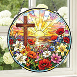 Rngmsi Cross Stained Glass Window Hanging, 8 Inch Wildflower Sunset Sun Catcher Gift, Religious Easter Faith Christian Gifts for Wall Art Landscape Hanging Home Decor