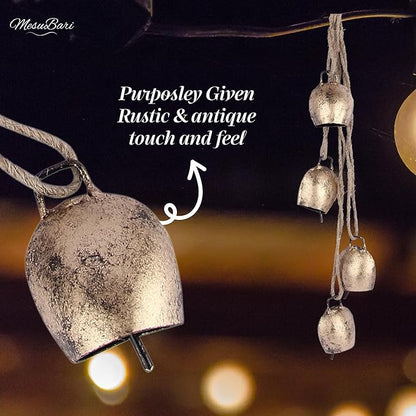 Decorative Cow Bell, 25" Hanging Bells Chime, Rustic Antique Brass Finish Metal Bells with Jute Rope, Tibetan Inspired Farmhouse Vintage Cascading Bell's for Indoor, Outdoor Patio, Garden & Wall Decor
