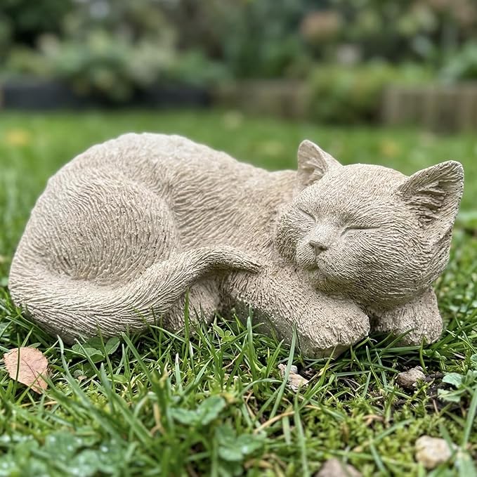 Elenon Cat Garden Statue Decorative for Yard, Beige Sleeping Cat Figurines Home Lawn Decor, Patio Kitten Tuxedo Statues Pets Memorial Ornament for Cat Lovers