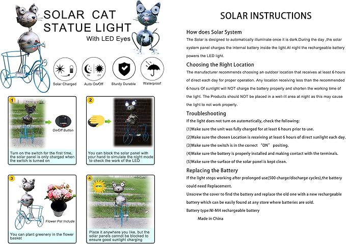 Metal Yard Art Cat on Bike Solar Statue Light, Solar Statue Light Garden Decoration, Best Gift for Cat Lovers.