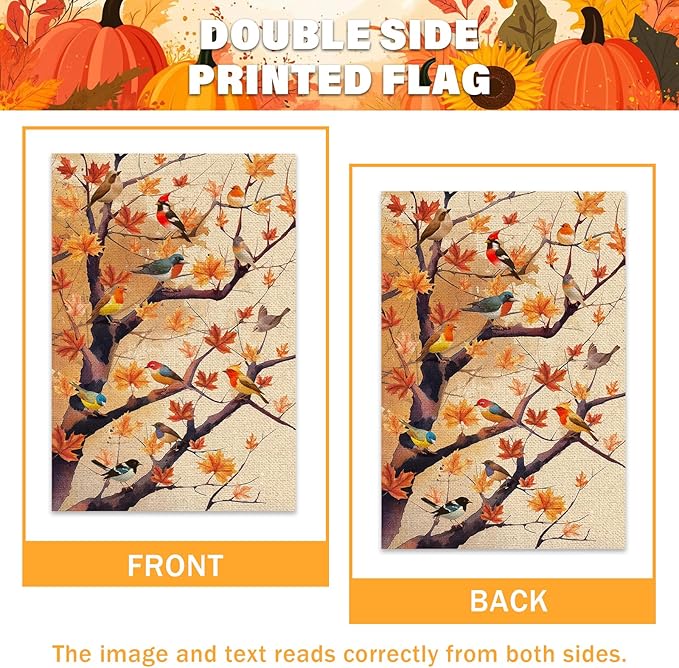 Fall Birds Garden Flag 12x18 Inch Double Sided Autumn Maple Tree Leaves for Welcome Seasonal Holiday Outside Yard Flag Outdoor Decoration