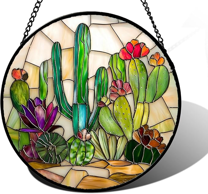 DASTOLL Stained Glass Window Hanging, White Green Cactus Suncatcher Diamond Glass Panel Hangings Sun Catchers Decor for Birthday for Women, Men, Wife, Aunt, and Mom 7.8 in