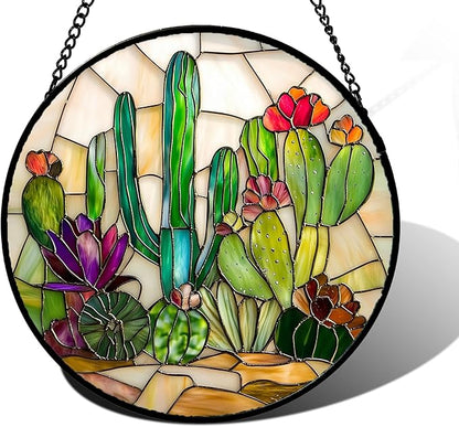 DASTOLL Stained Glass Window Hanging, White Green Cactus Suncatcher Diamond Glass Panel Hangings Sun Catchers Decor for Birthday for Women, Men, Wife, Aunt, and Mom 7.8 in