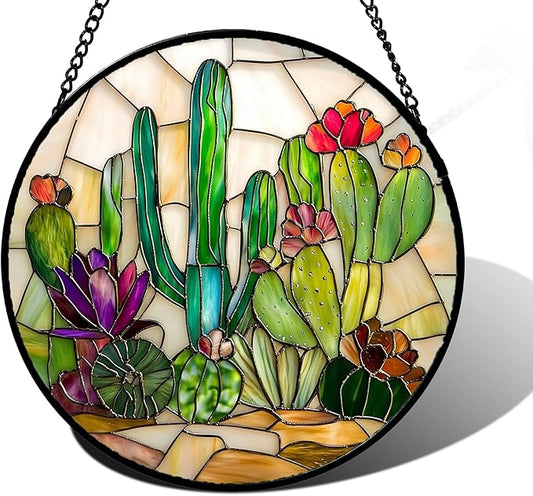 DASTOLL Stained Glass Window Hanging, White Green Cactus Suncatcher Diamond Glass Panel Hangings Sun Catchers Decor for Birthday for Women, Men, Wife, Aunt, and Mom 9.8 in