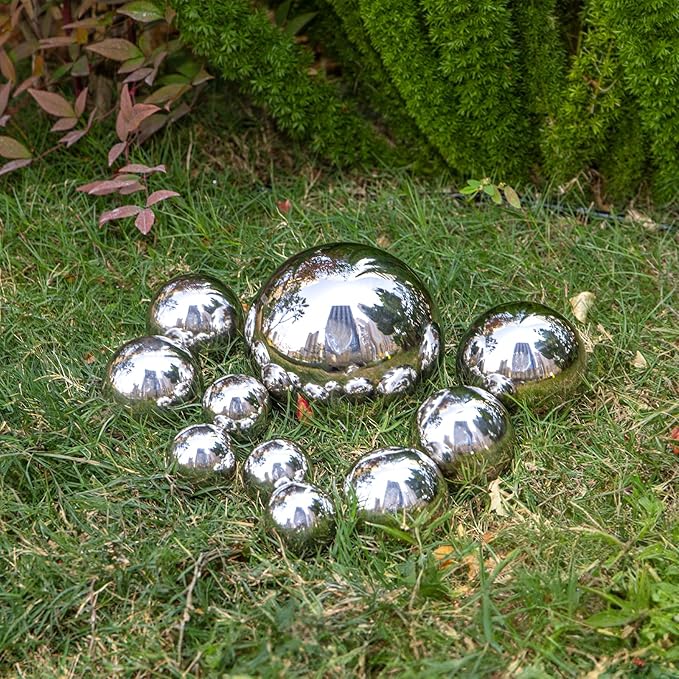 yarlung 10 Pack Stainless Steel Gazing Balls, 50-150 mm Garden Mirror Globe Floating Pond Sphere, Silver Polished Hollow Ball Reflective Ornament for Home Yard Outdoor Lawn Decoration