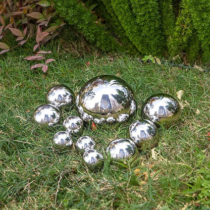 yarlung 10 Pack Stainless Steel Gazing Balls, 50-150 mm Garden Mirror Globe Floating Pond Sphere, Silver Polished Hollow Ball Reflective Ornament for Home Yard Outdoor Lawn Decoration