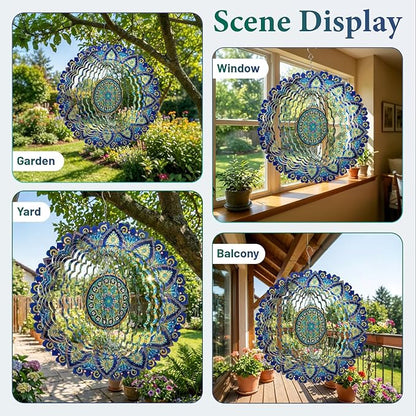 Mandala Wind Spinners Outdoor, IDEA SHOW Stainless Steel Wind Spinners Outside, 3D Kinetic Hanging Sculpture, Rustproof Metal Garden Decor Ornaments for Yard Art, Women, Men, Holidays