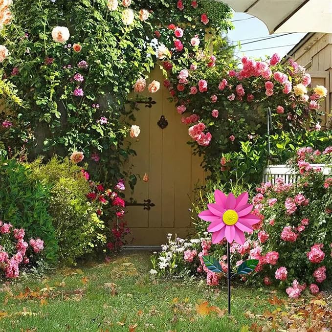 Metal Sunflower Wind Spinner,45 in Double Layer Sun Flower Windmill with Green Leaves and Stake,360° Rotating Sunflower Decor Wind Pinwheel Sculpture for Garden Yard Patio Lawn Decor (Pink)